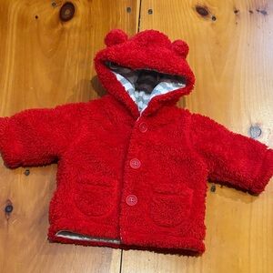BABY BODEN (Mini Boden) 0-3M Red Fleece Coat Jacket Animal Ears Lined
